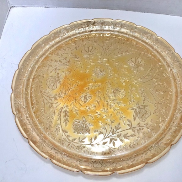 Vintage Jeannette Glass FLORAGOLD Iridescent LOUISA Large Round Platter MCM - Picture 3 of 6
